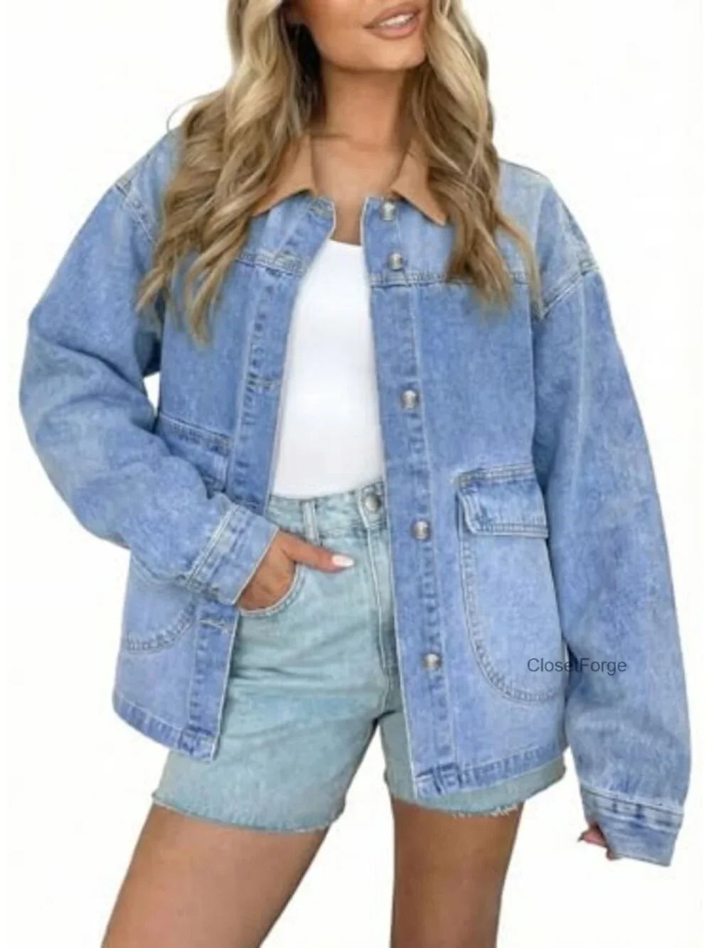 Oversized Button Down Denim Jacket with Pockets